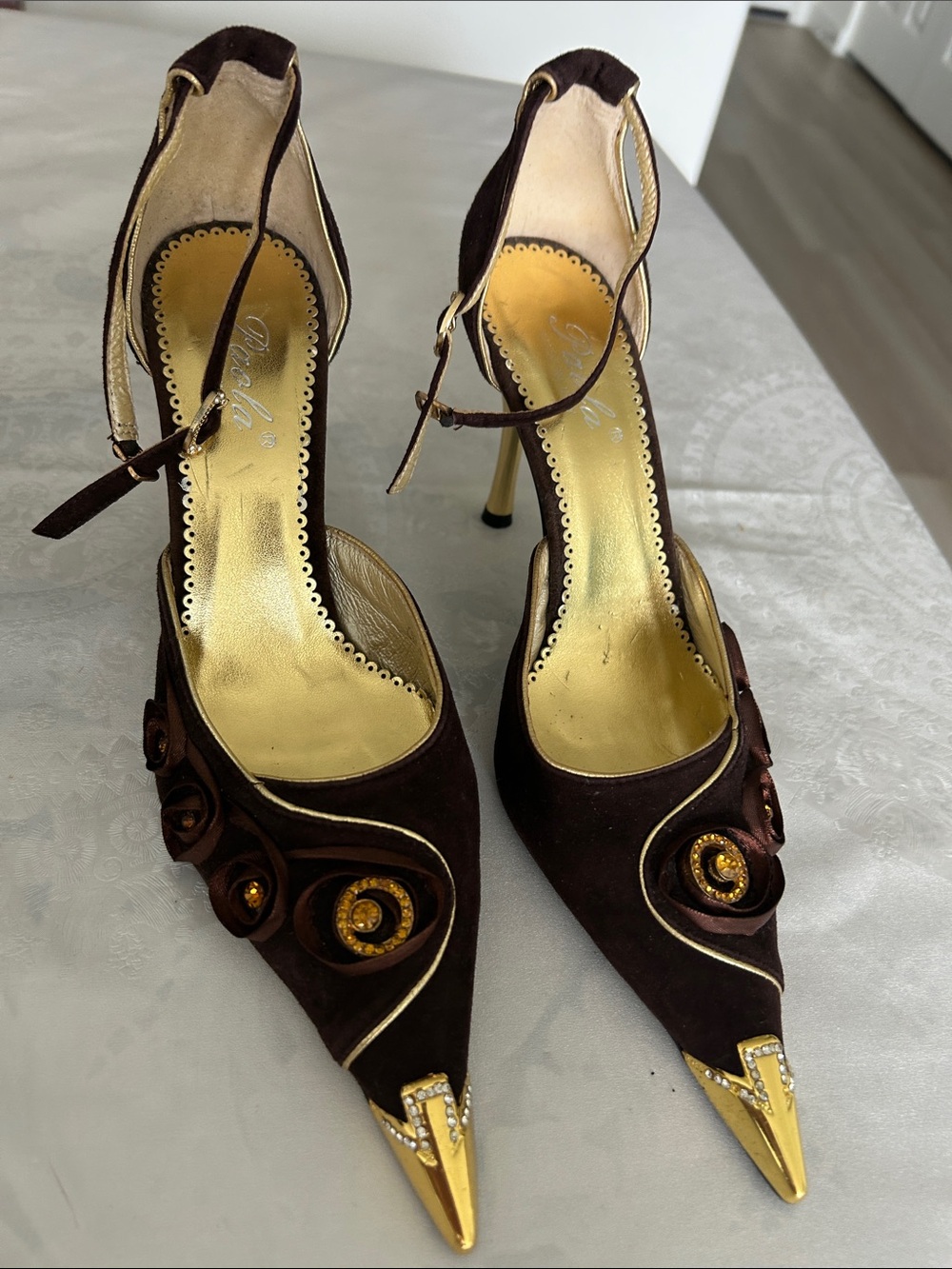 Women's Brown Pointed-Toe Ankle-Strap Heels with Gold Accents